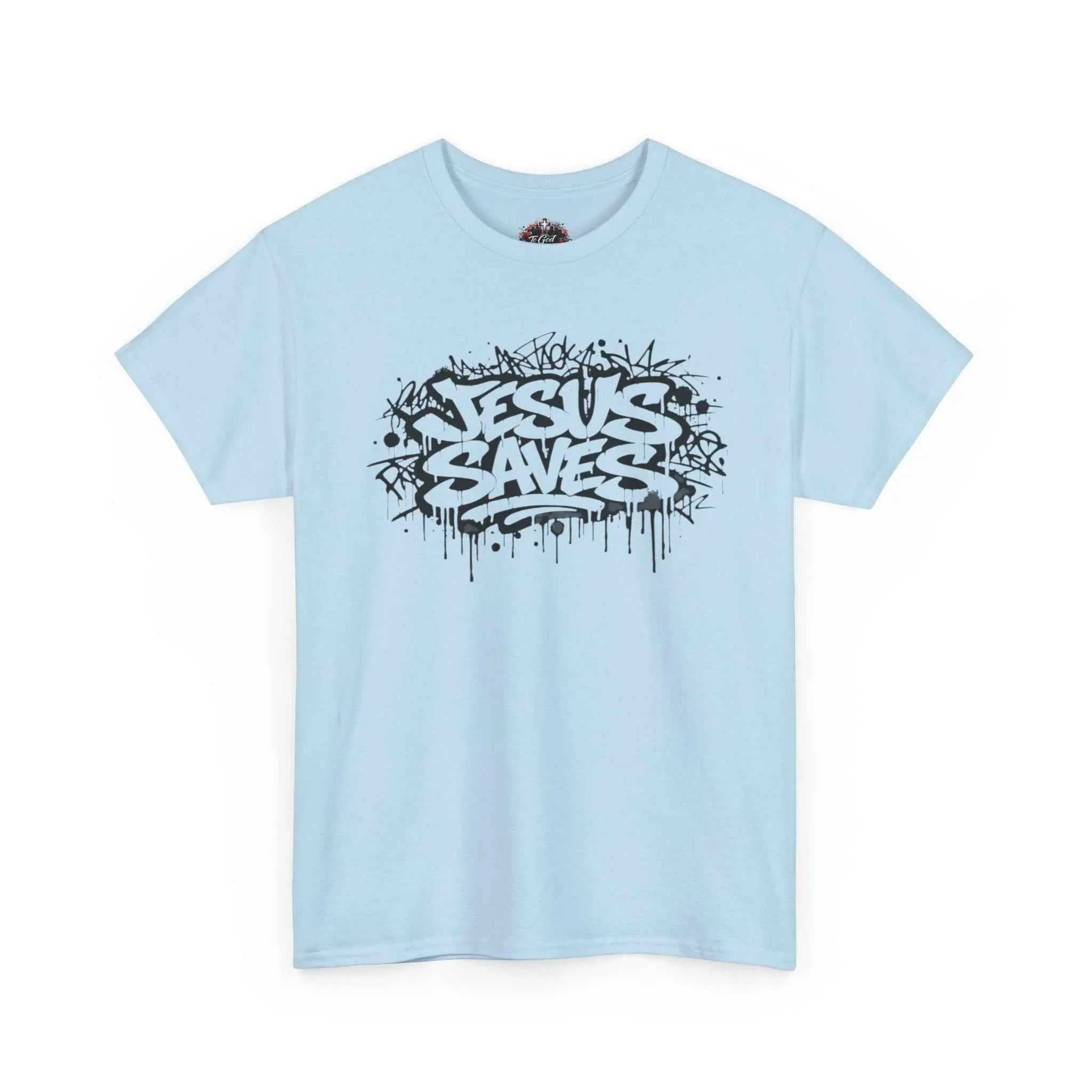 Jesus Saves Graffiti T-Shirt featuring striking black graffiti artwork on a light blue cotton tee.