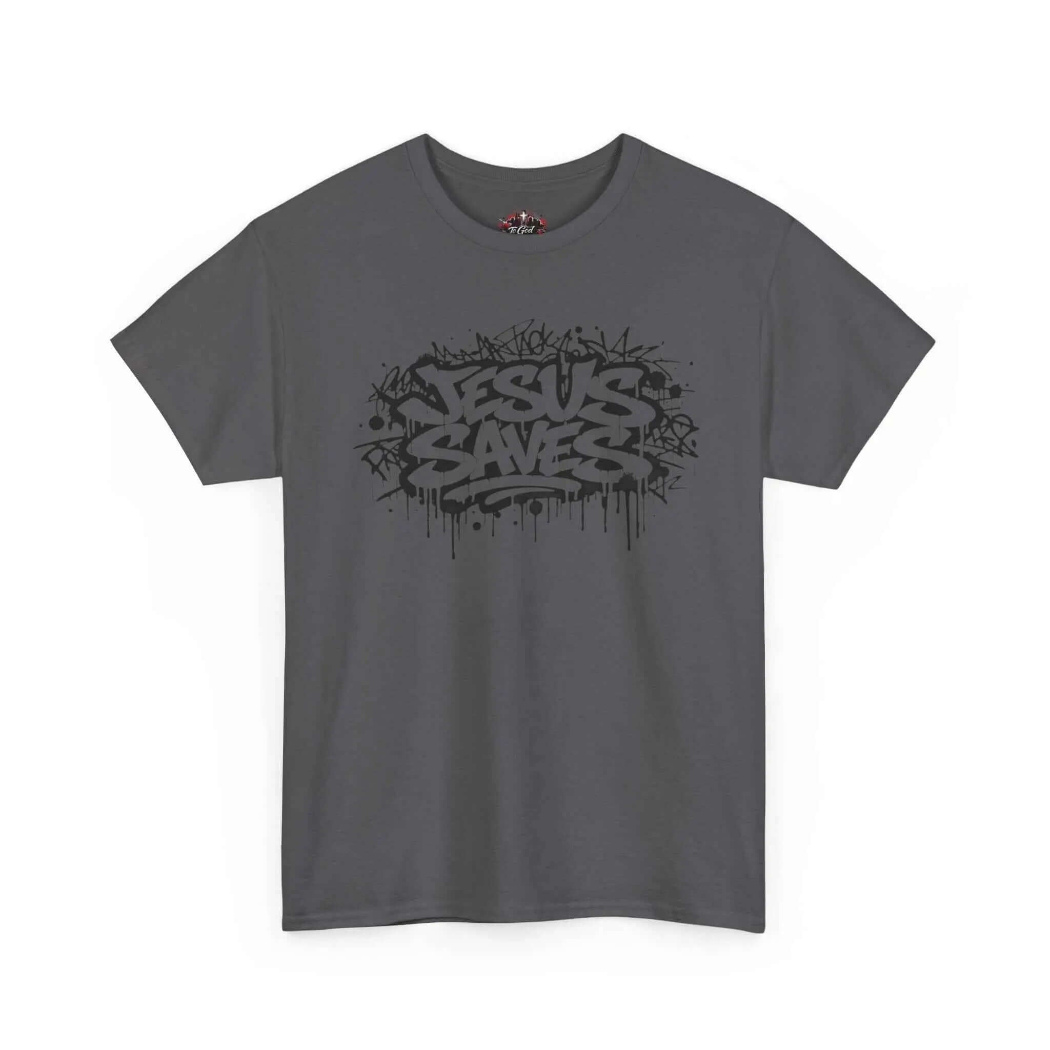 Jesus Saves Graffiti T-Shirt displayed on a grey cotton tee featuring black graffiti artwork.