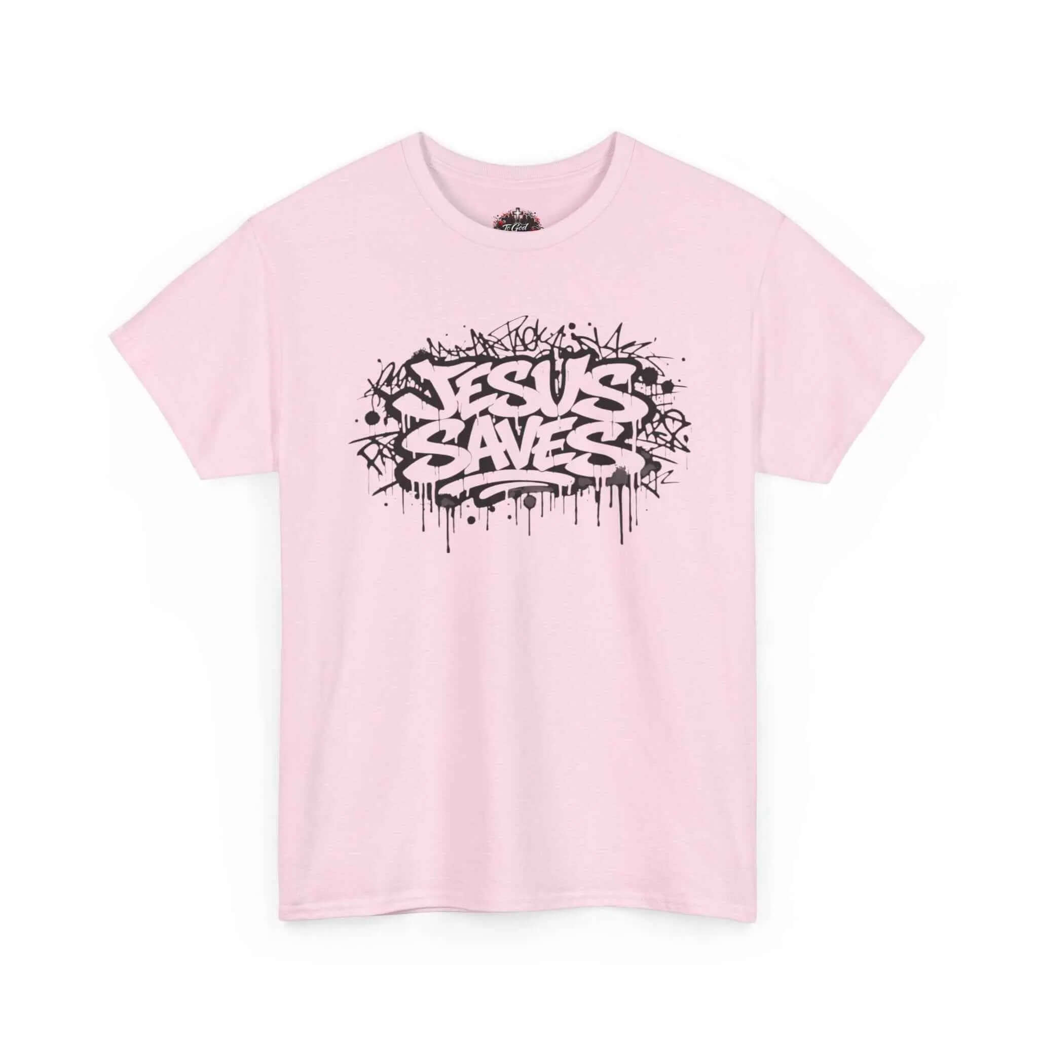 Jesus Saves Graffiti T-Shirt featuring black graffiti artwork on a pink tee for a bold urban style.