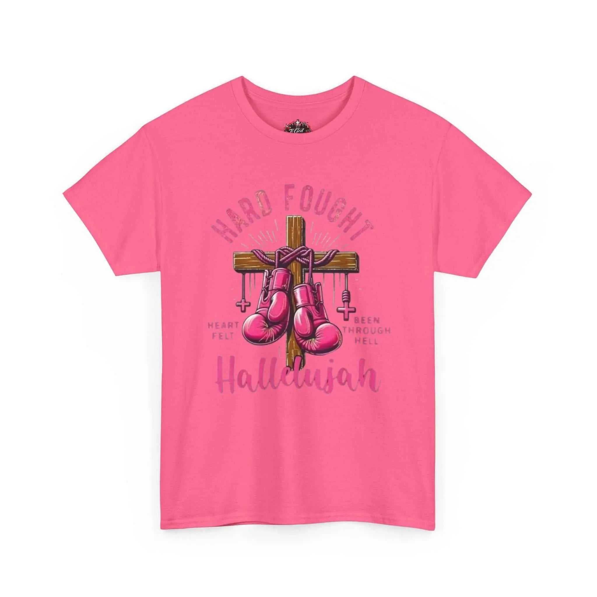 Hard fought Hallelujah Tee religious design featuring a cross and boxing gloves on a pink shirt.