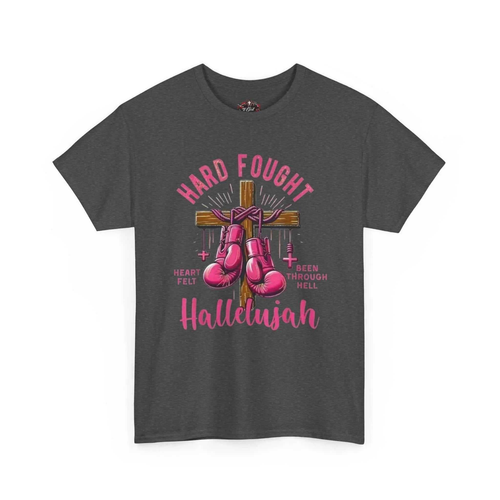 Hard fought Hallelujah Tee religious featuring boxing gloves and cross design on a dark gray shirt.