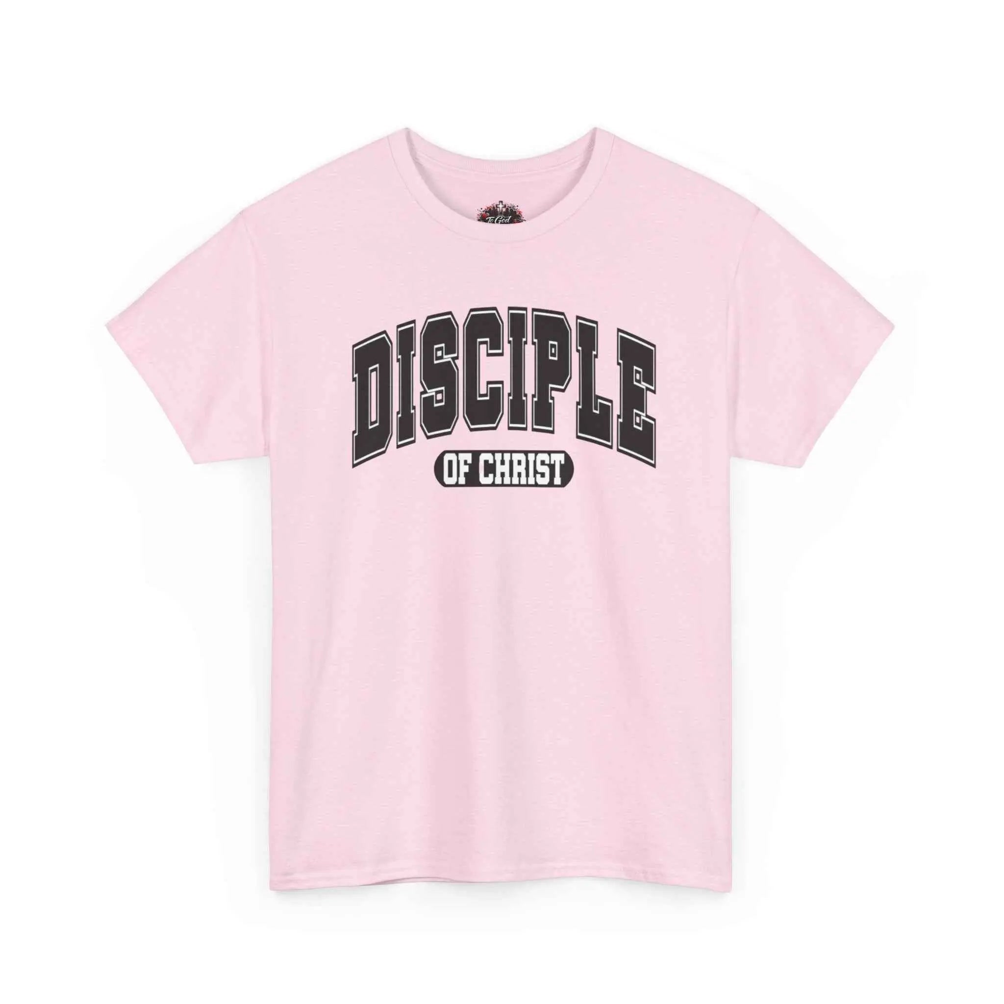 Disciple of Christ Tee — Christian Faith Inspirational T-Shirt displayed on a pink cotton t-shirt.