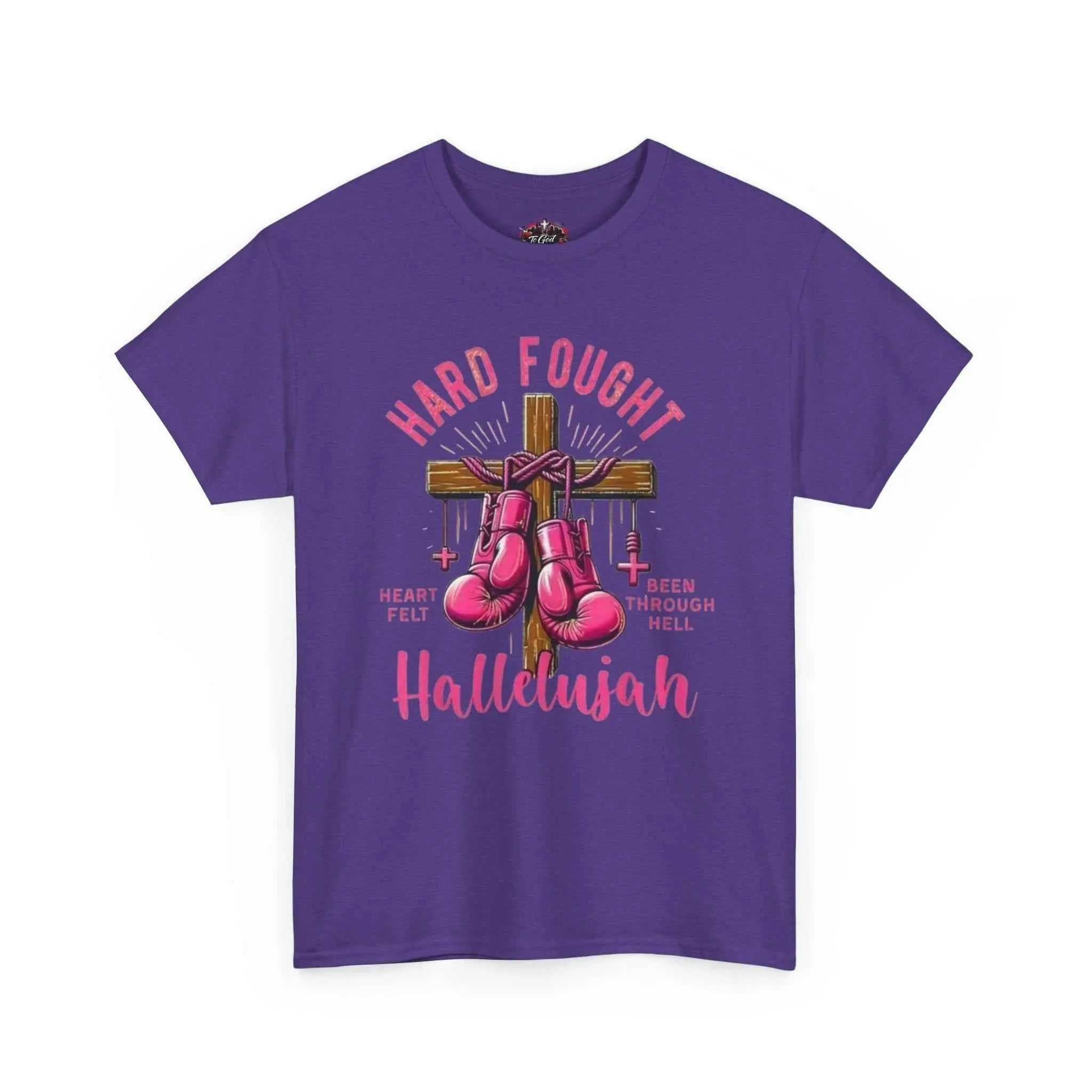 Hard fought Hallelujah Tee religious with boxing gloves graphic on a purple background.