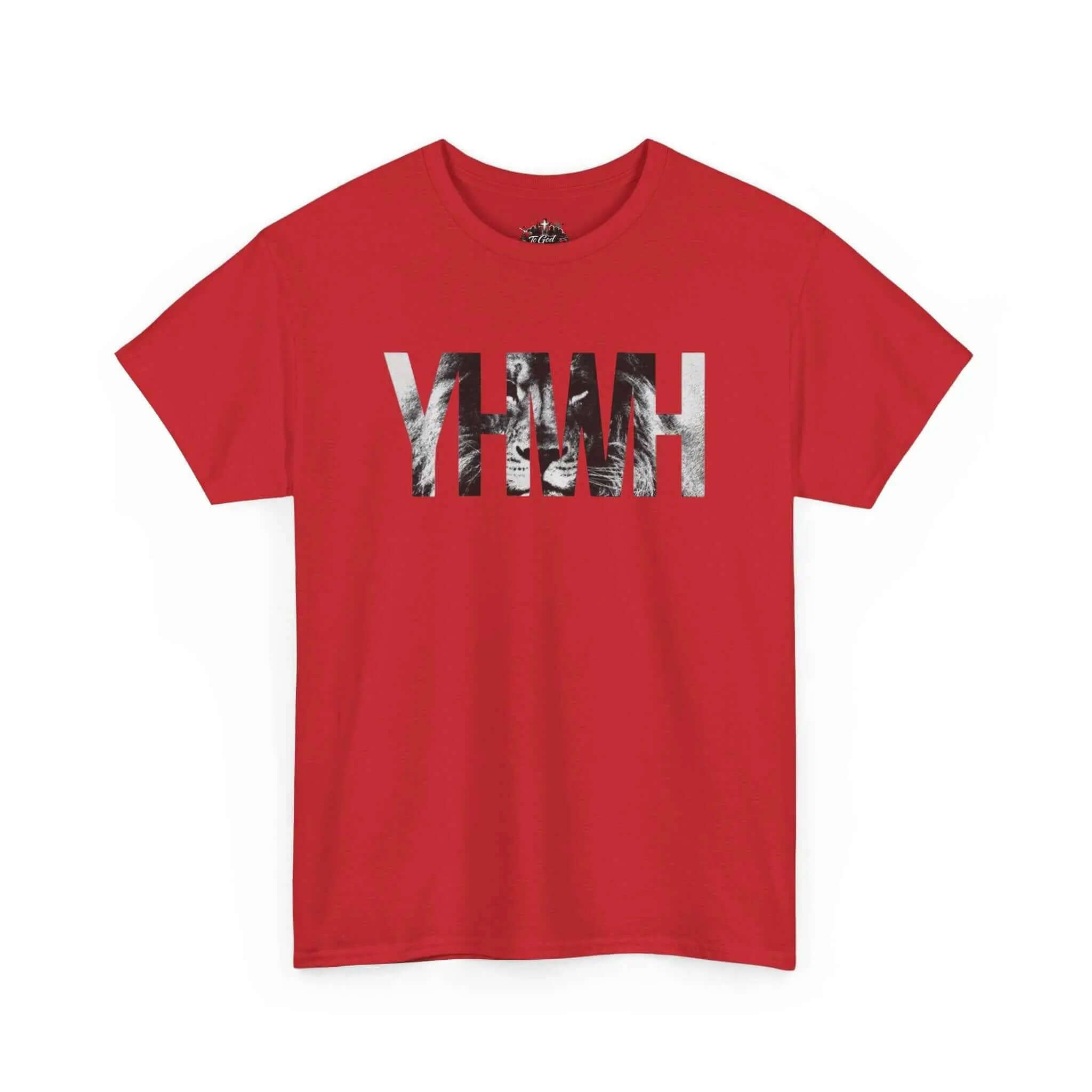YHWH Marble Text T-Shirt — Minimalist Religious Faith Tee in red color with a stylish graphic design.
