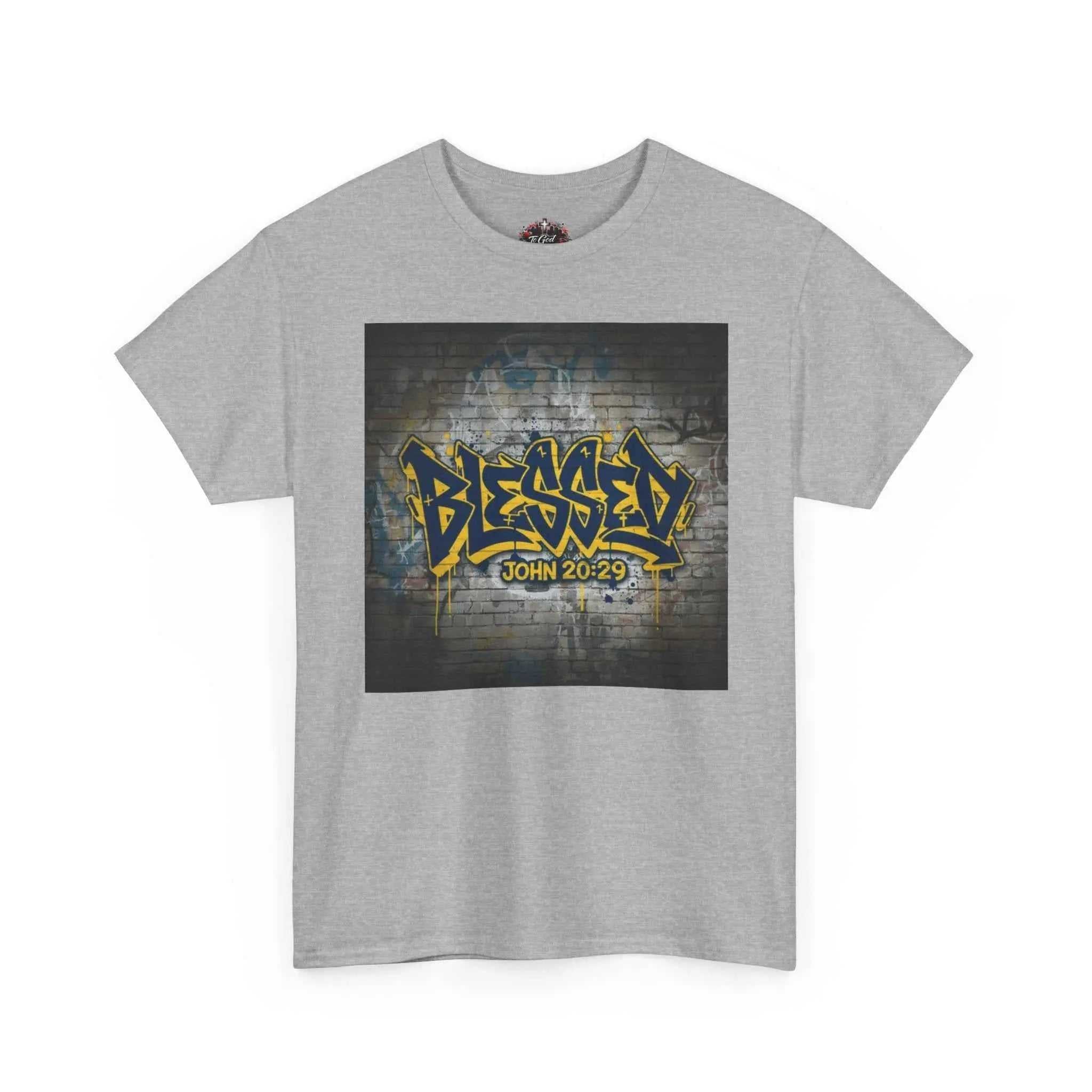 Blessed Graffiti T-Shirt — "Blessed" John 20:29 Christian Faith Tee T-Shirt Printify