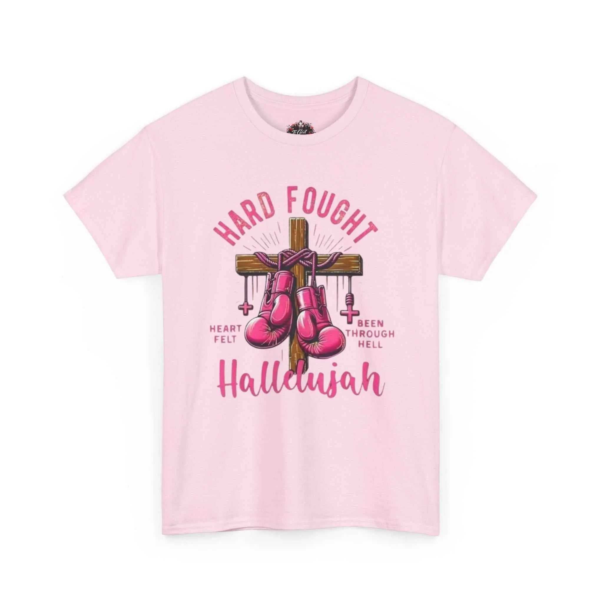 Hard fought Hallelujah Tee religious in pink, featuring boxing gloves on a cross with heart and spiritual elements.