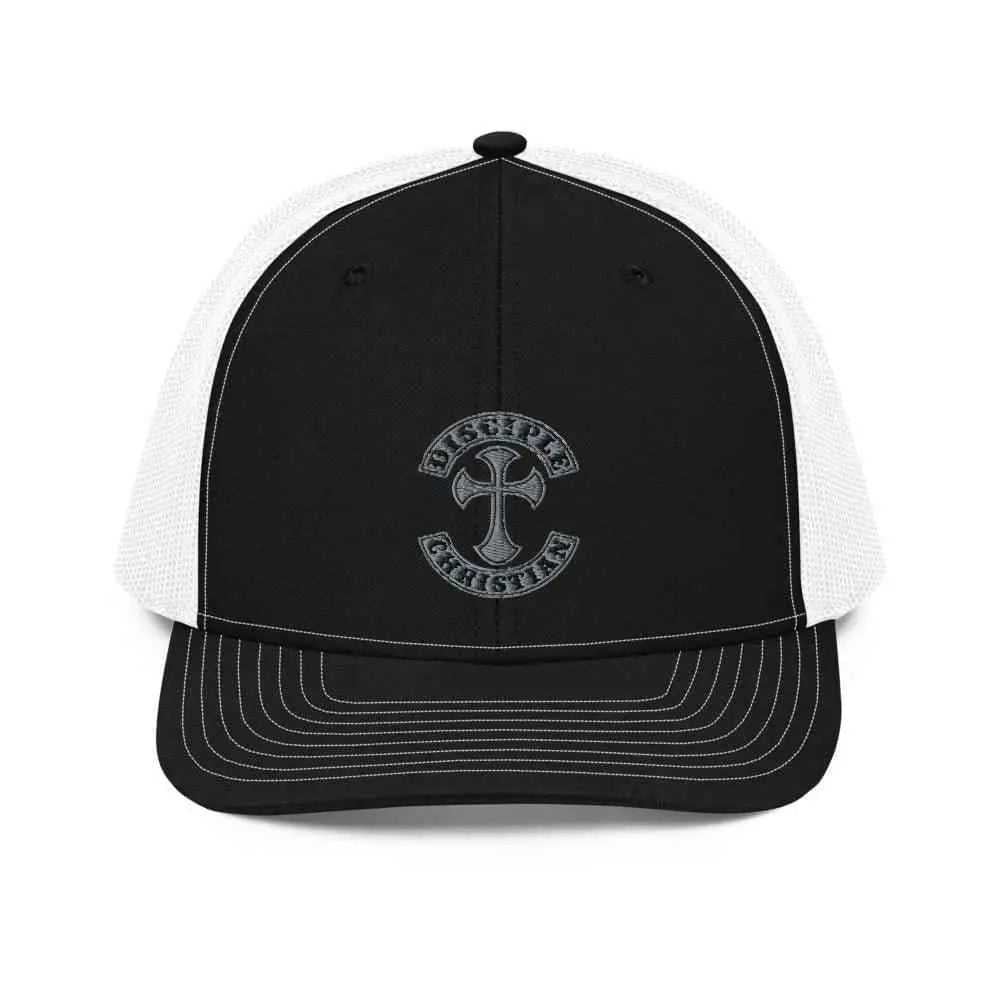 Disciple Trucker Cap religious with embroidered logo on front, stylish black and white design.