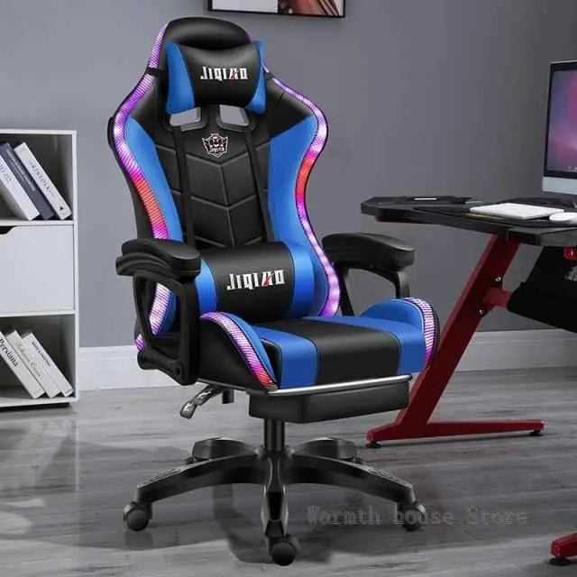 High quality gaming chair RGB light office chair with blue and pink lighting in a modern office setup.