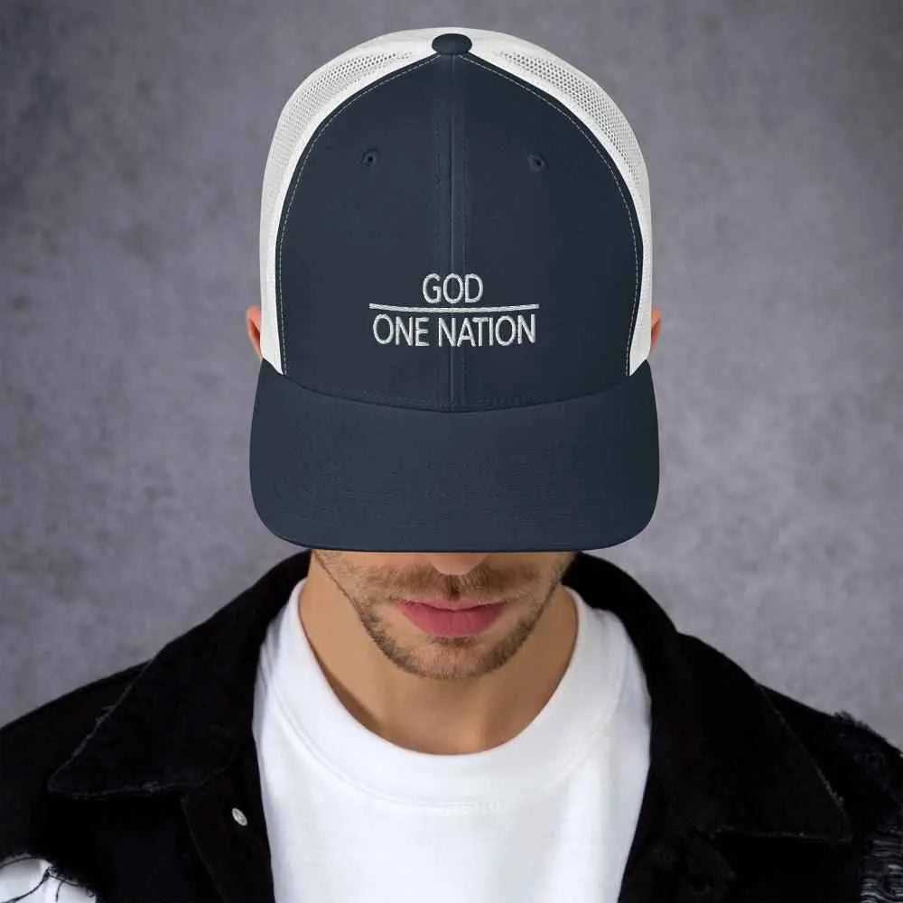 One Nation Trucker Cap Religious To God be The Glory Creations Navy/ White