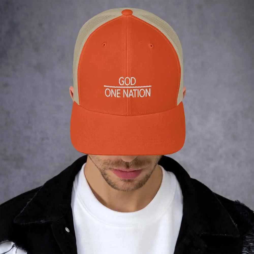 One Nation Trucker Cap Religious To God be The Glory Creations Rustic Orange/ Khaki