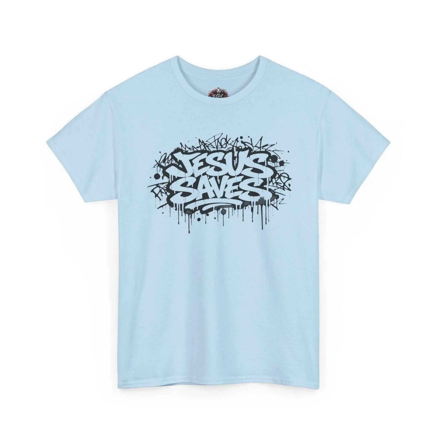 Jesus Saves Graffiti T-Shirt featuring striking black graffiti artwork on a light blue cotton tee.