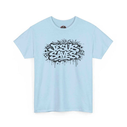 Jesus Saves Graffiti T-Shirt featuring striking black graffiti artwork on a light blue cotton tee.