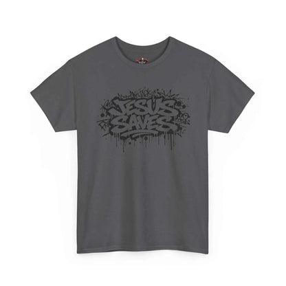 Jesus Saves Graffiti T-Shirt displayed on a grey cotton tee featuring black graffiti artwork.