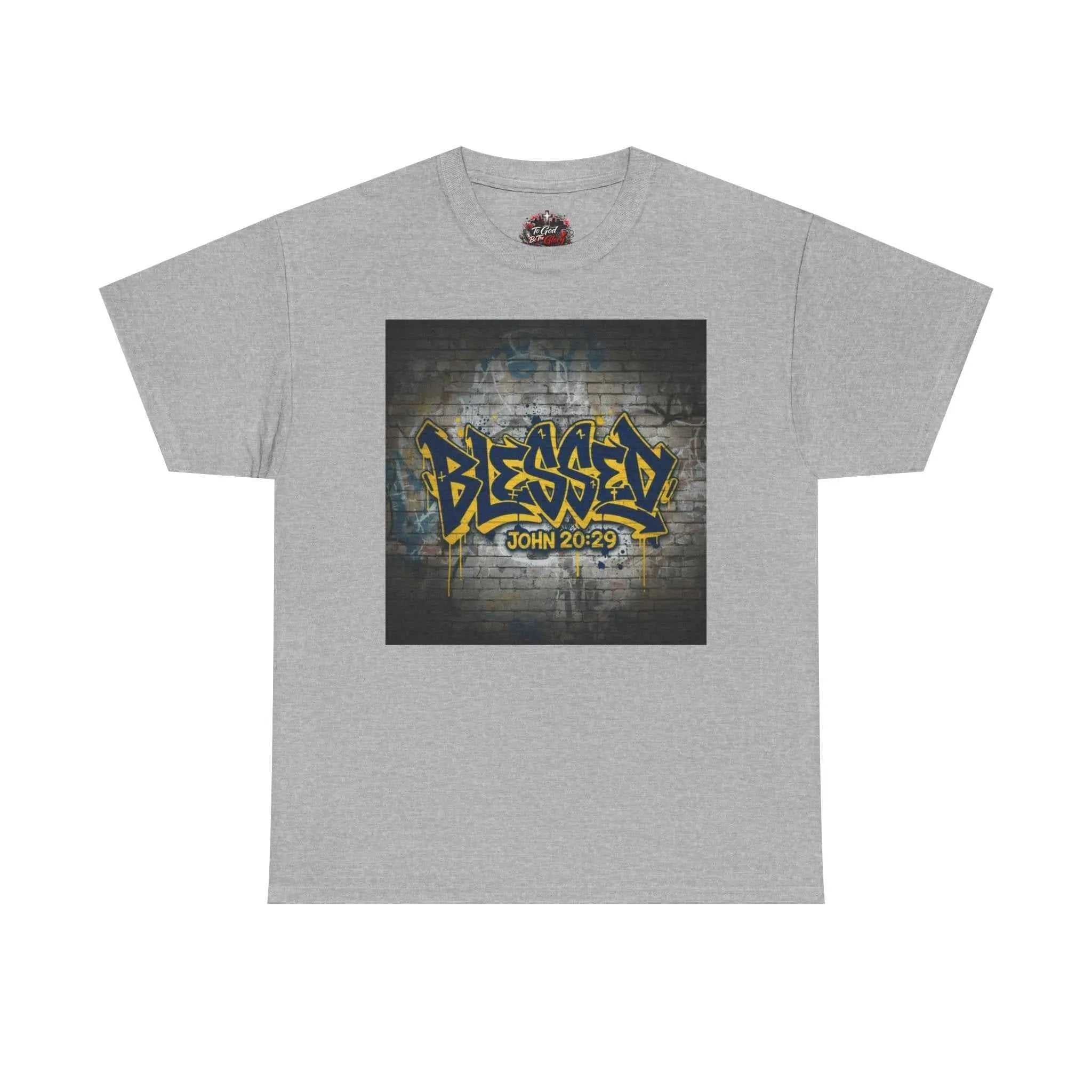 Blessed Graffiti T-Shirt — "Blessed" John 20:29 Christian Faith Tee T-Shirt Printify Sport Grey S