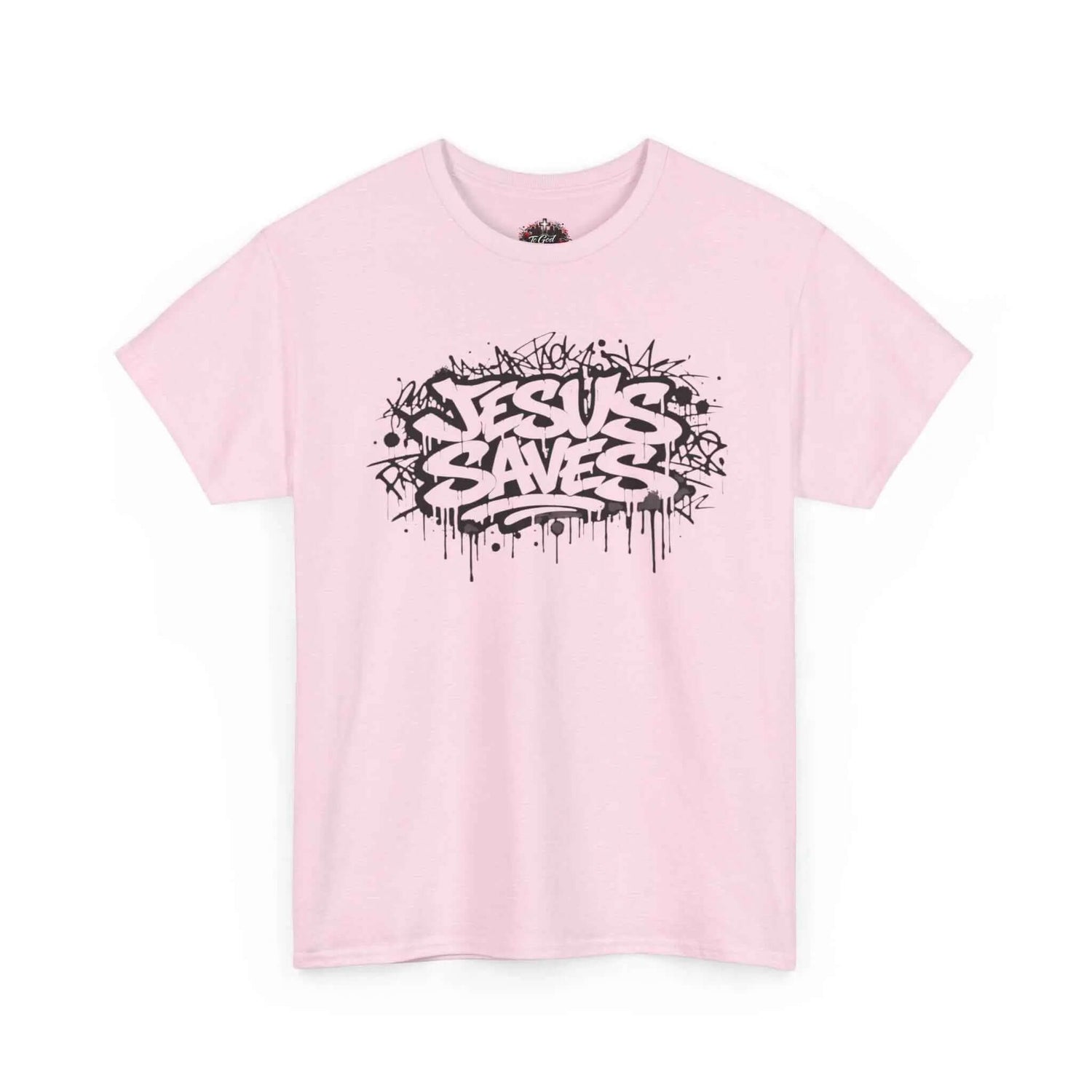 Jesus Saves Graffiti T-Shirt featuring black graffiti artwork on a pink tee for a bold urban style.