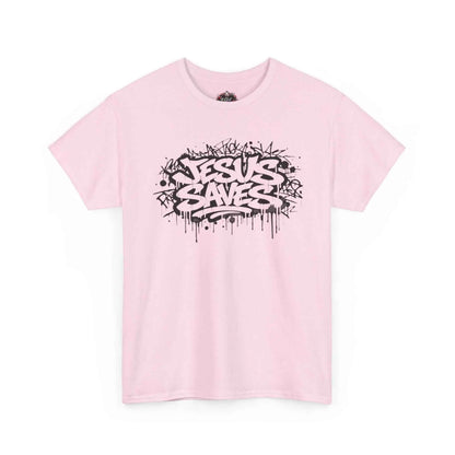 Jesus Saves Graffiti T-Shirt featuring black graffiti artwork on a pink tee for a bold urban style.
