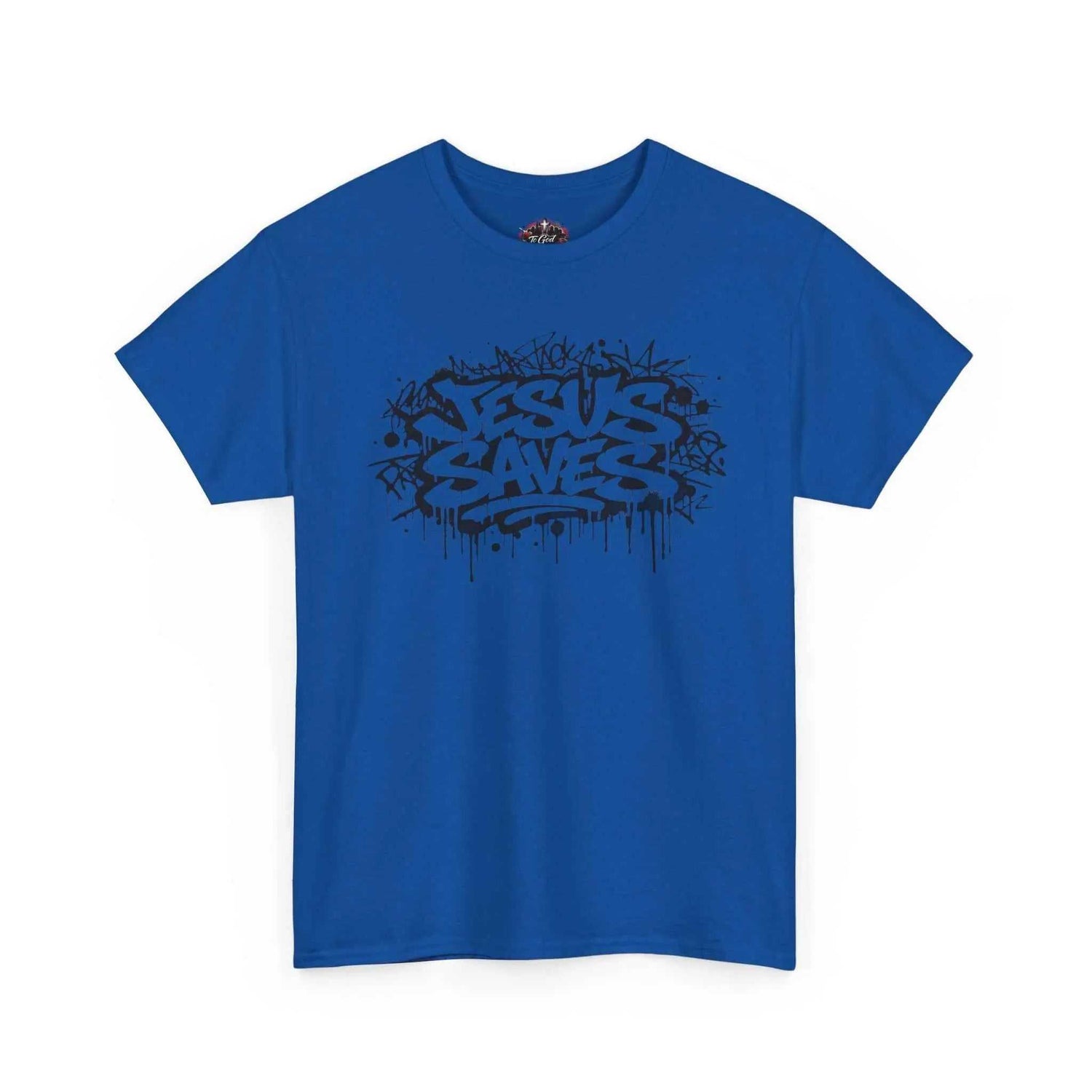 Jesus Saves Graffiti T-Shirt displaying bold black graffiti art on a vibrant blue cotton tee.