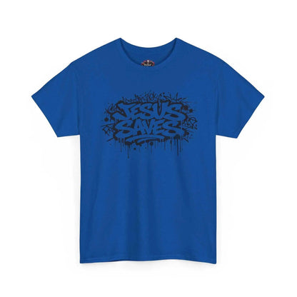 Jesus Saves Graffiti T-Shirt displaying bold black graffiti art on a vibrant blue cotton tee.