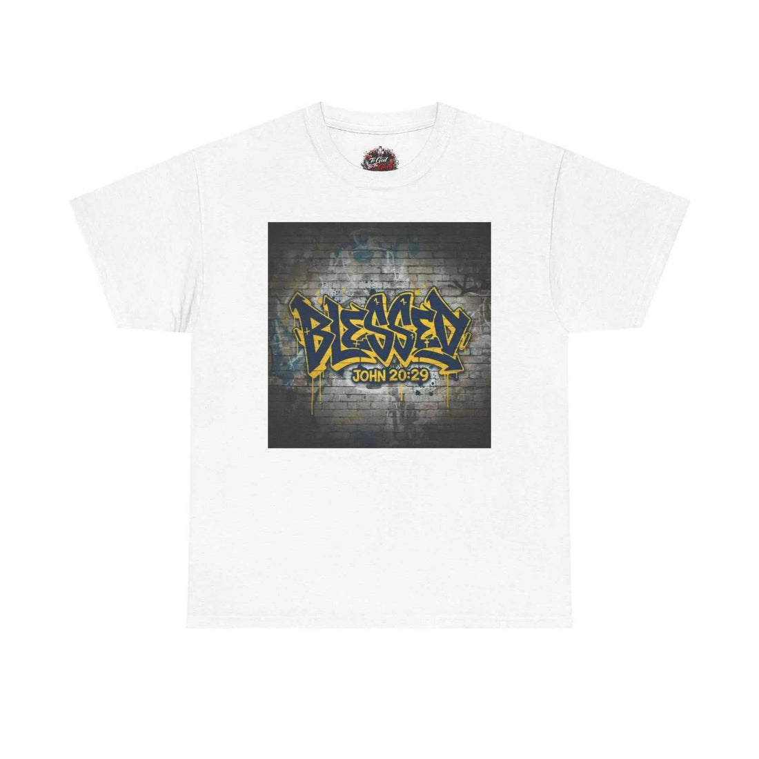 Blessed Graffiti T-Shirt — "Blessed" John 20:29 Christian Faith Tee T-Shirt Printify White S