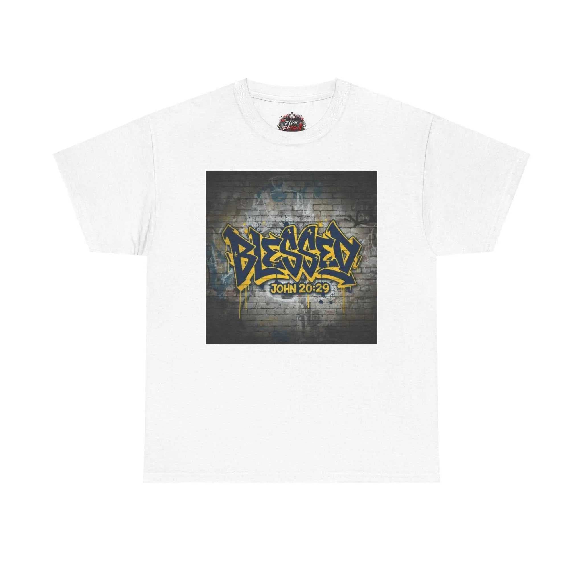 Blessed Graffiti T-Shirt — "Blessed" John 20:29 Christian Faith Tee T-Shirt Printify White S