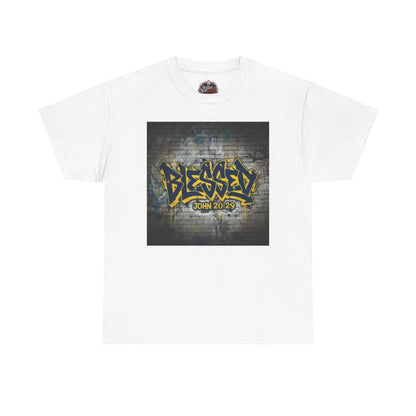 Blessed Graffiti T-Shirt — "Blessed" John 20:29 Christian Faith Tee T-Shirt Printify White S