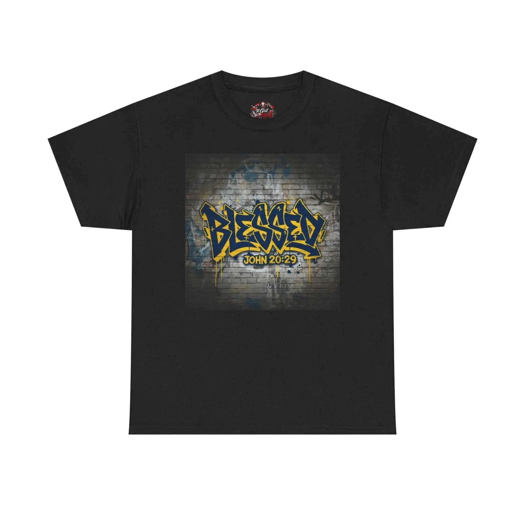 Blessed Graffiti T-Shirt — "Blessed" John 20:29 Christian Faith Tee T-Shirt Printify Black S