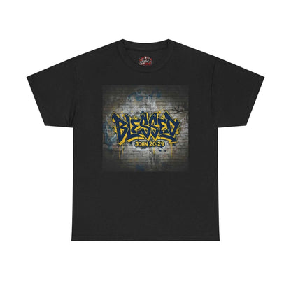 Blessed Graffiti T-Shirt — "Blessed" John 20:29 Christian Faith Tee T-Shirt Printify Black S