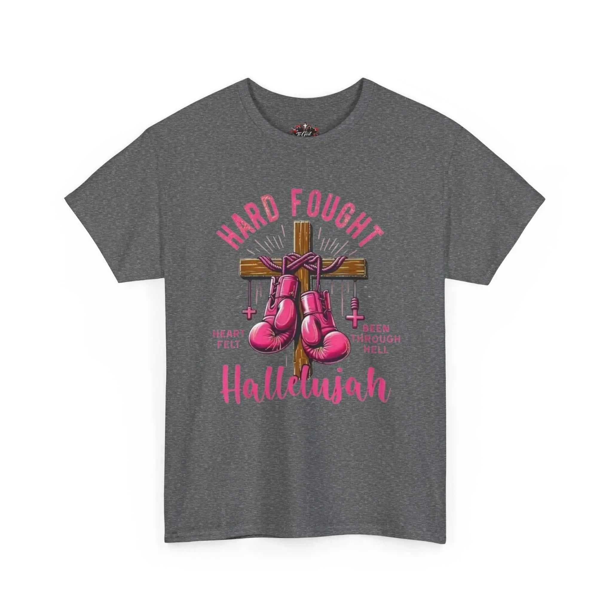 Hard fought Hallelujah Tee religious featuring boxing gloves on a cross design.