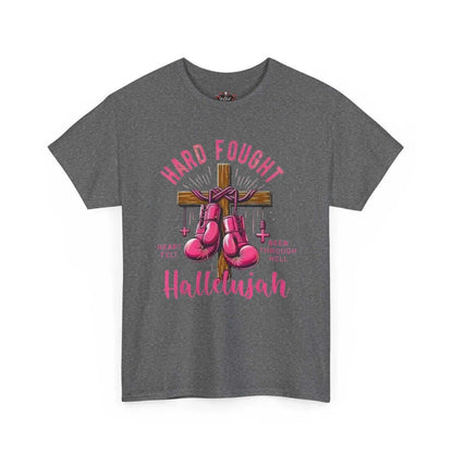 Hard fought Hallelujah Tee religious featuring boxing gloves on a cross design.