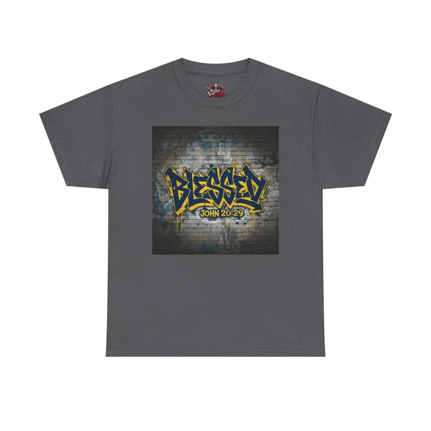 Blessed Graffiti T-Shirt — "Blessed" John 20:29 Christian Faith Tee T-Shirt Printify Charcoal S