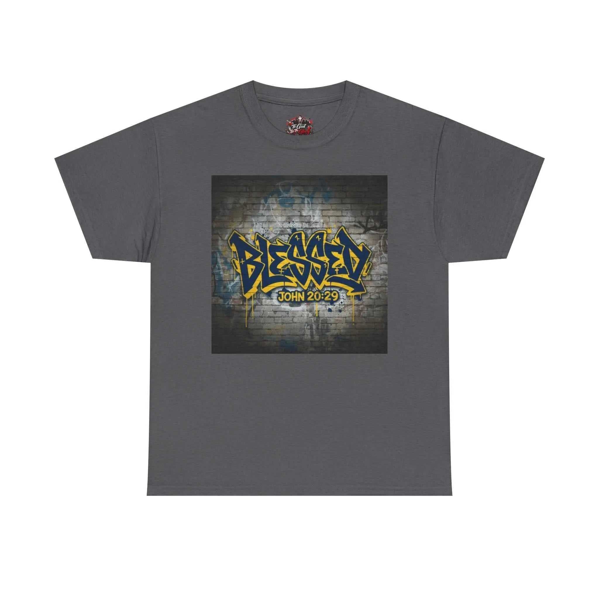 Blessed Graffiti T-Shirt — "Blessed" John 20:29 Christian Faith Tee T-Shirt Printify Charcoal S