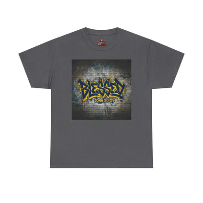 Blessed Graffiti T-Shirt — "Blessed" John 20:29 Christian Faith Tee T-Shirt Printify Charcoal S