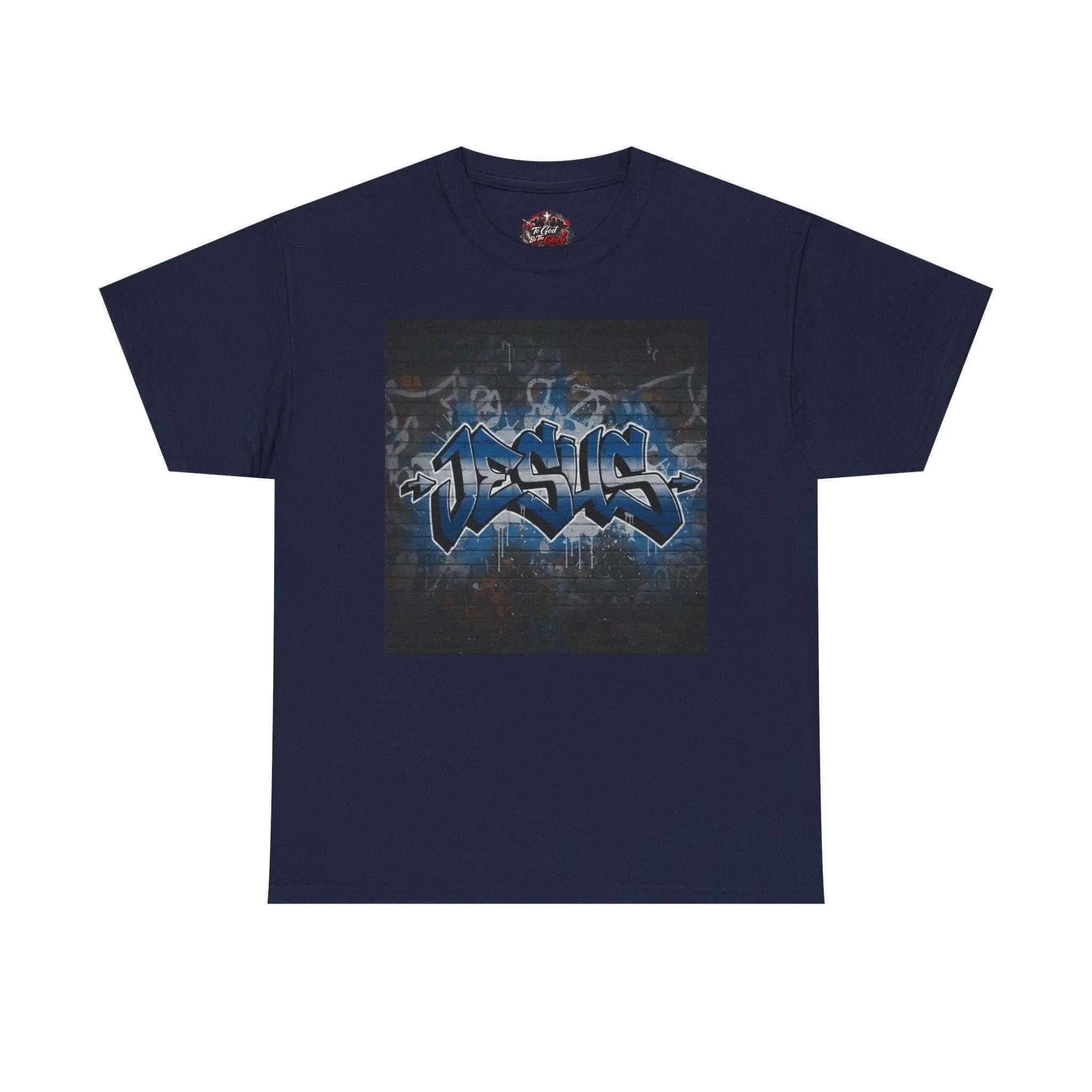 Graffiti Style Jesus Religious Tee T-Shirt Printify Navy S