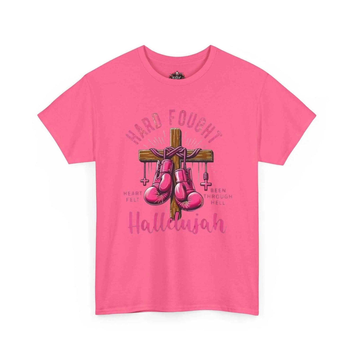Hard fought Hallelujah Tee religious design featuring a cross and boxing gloves on a pink shirt.