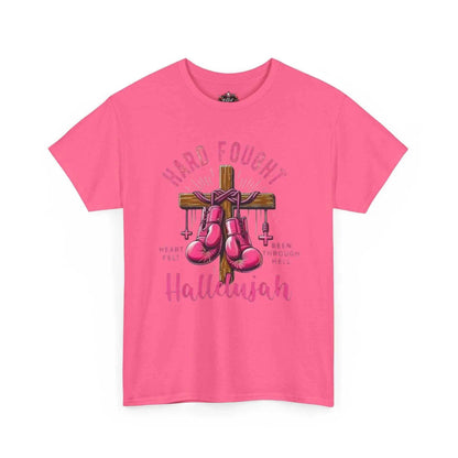 Hard fought Hallelujah Tee religious design featuring a cross and boxing gloves on a pink shirt.
