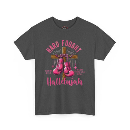 Hard fought Hallelujah Tee religious featuring boxing gloves and cross design on a dark gray shirt.