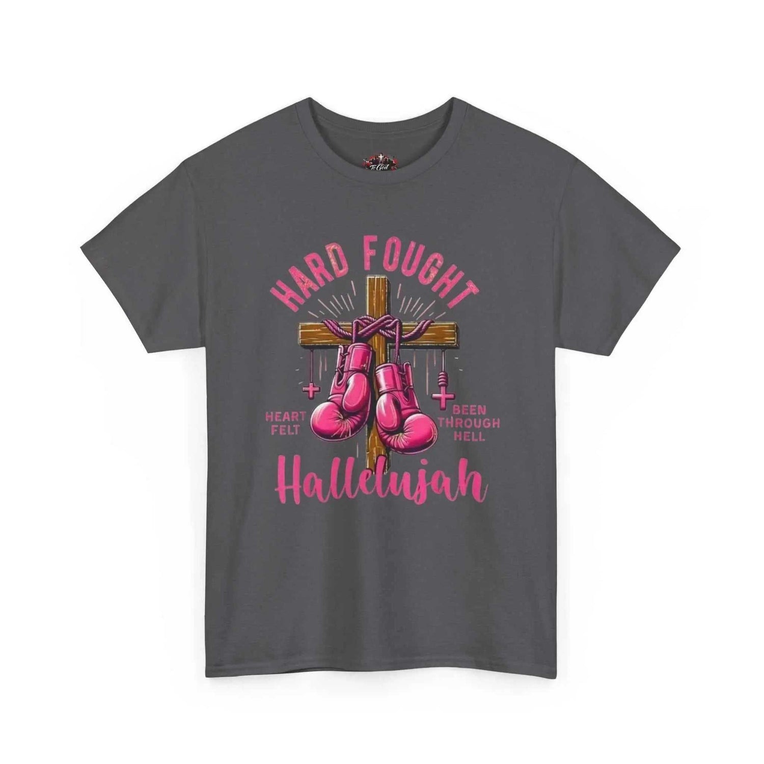 Hard fought Hallelujah Tee religious featuring boxing gloves on a cross, vibrant design on a gray shirt.