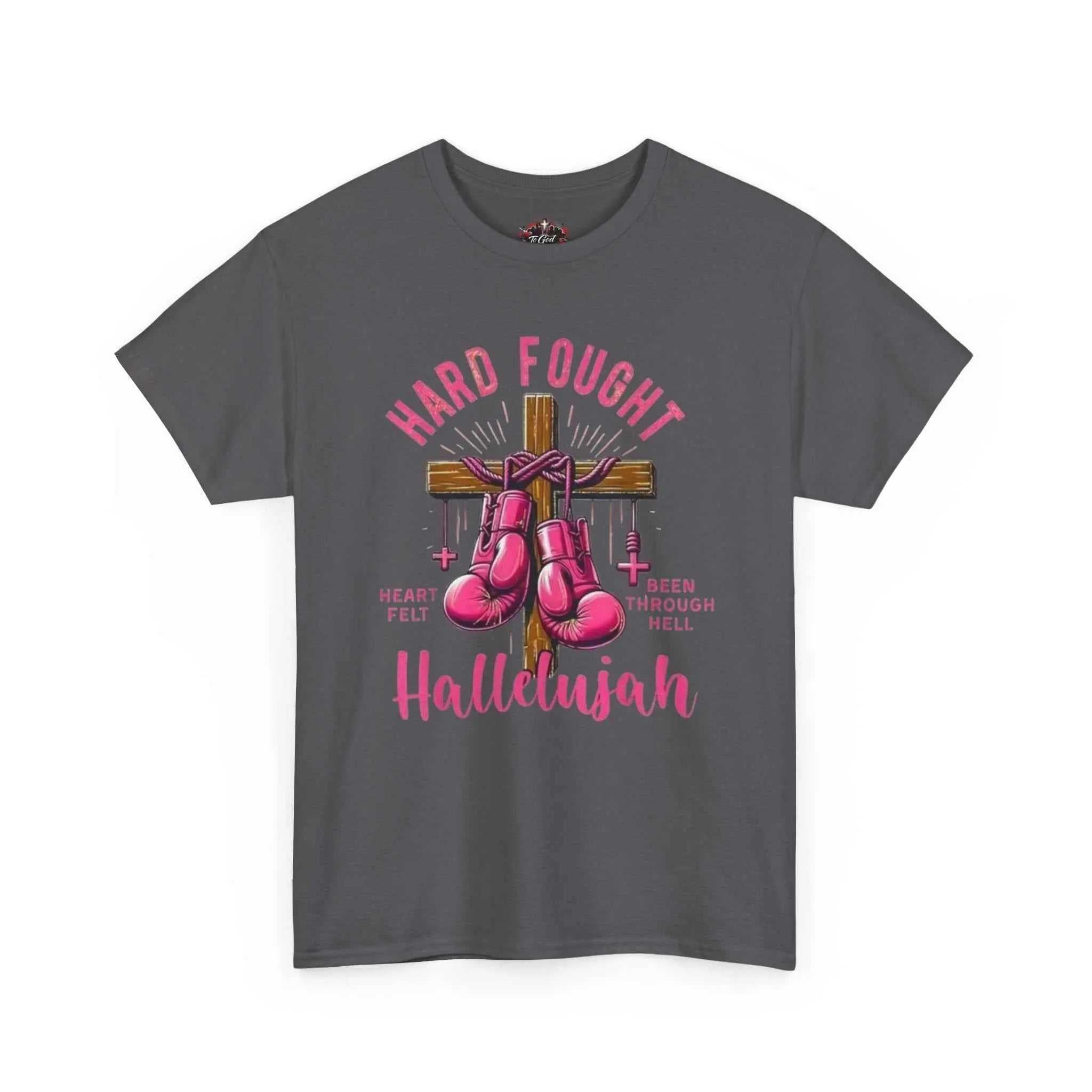 Hard fought Hallelujah Tee religious featuring boxing gloves on a cross, vibrant design on a gray shirt.
