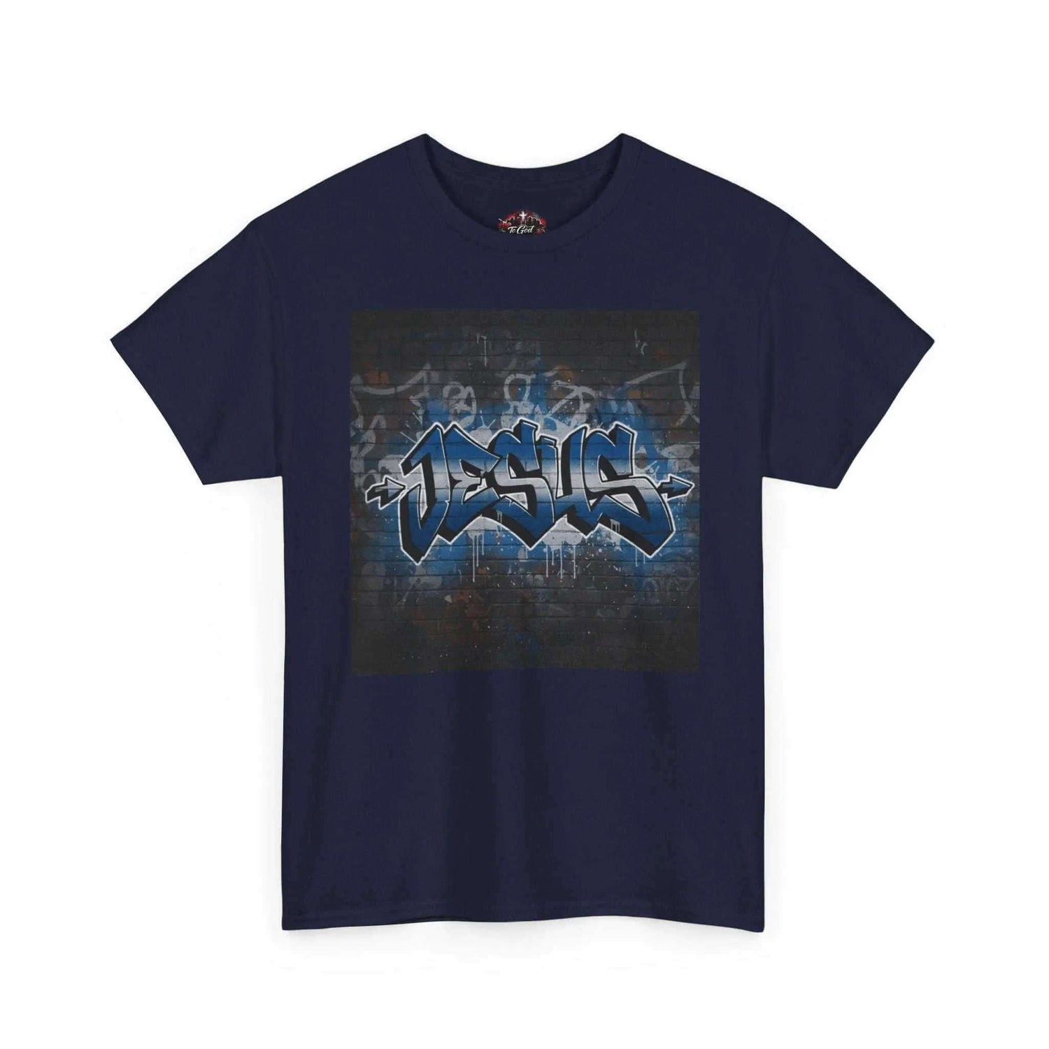 Graffiti Style Jesus Religious Tee featuring a unique graffiti design on a navy t-shirt.