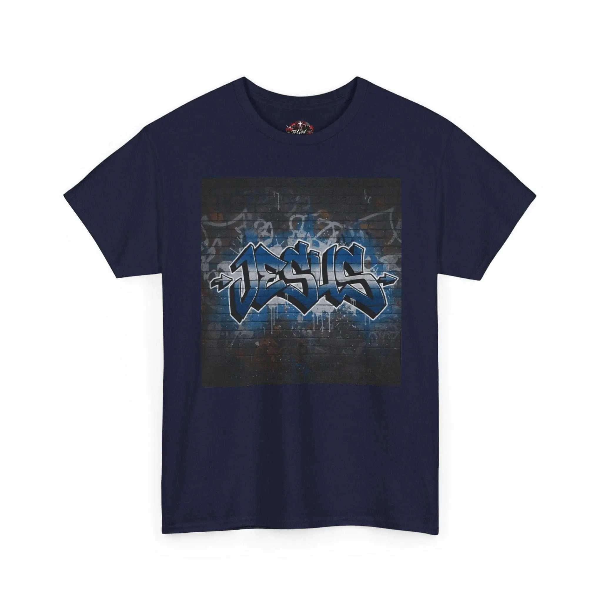 Graffiti Style Jesus Religious Tee featuring a unique graffiti design on a navy t-shirt.