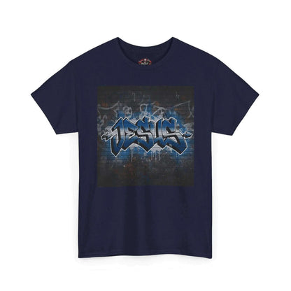Graffiti Style Jesus Religious Tee featuring a unique graffiti design on a navy t-shirt.