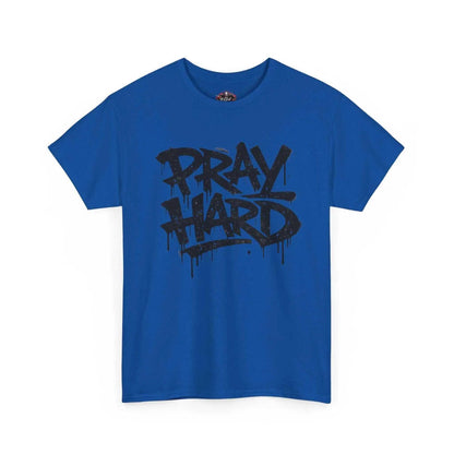 Pray Hard Tee — Urban Streetwear Christian Graphic T-Shirt in vibrant blue color with bold black lettering.