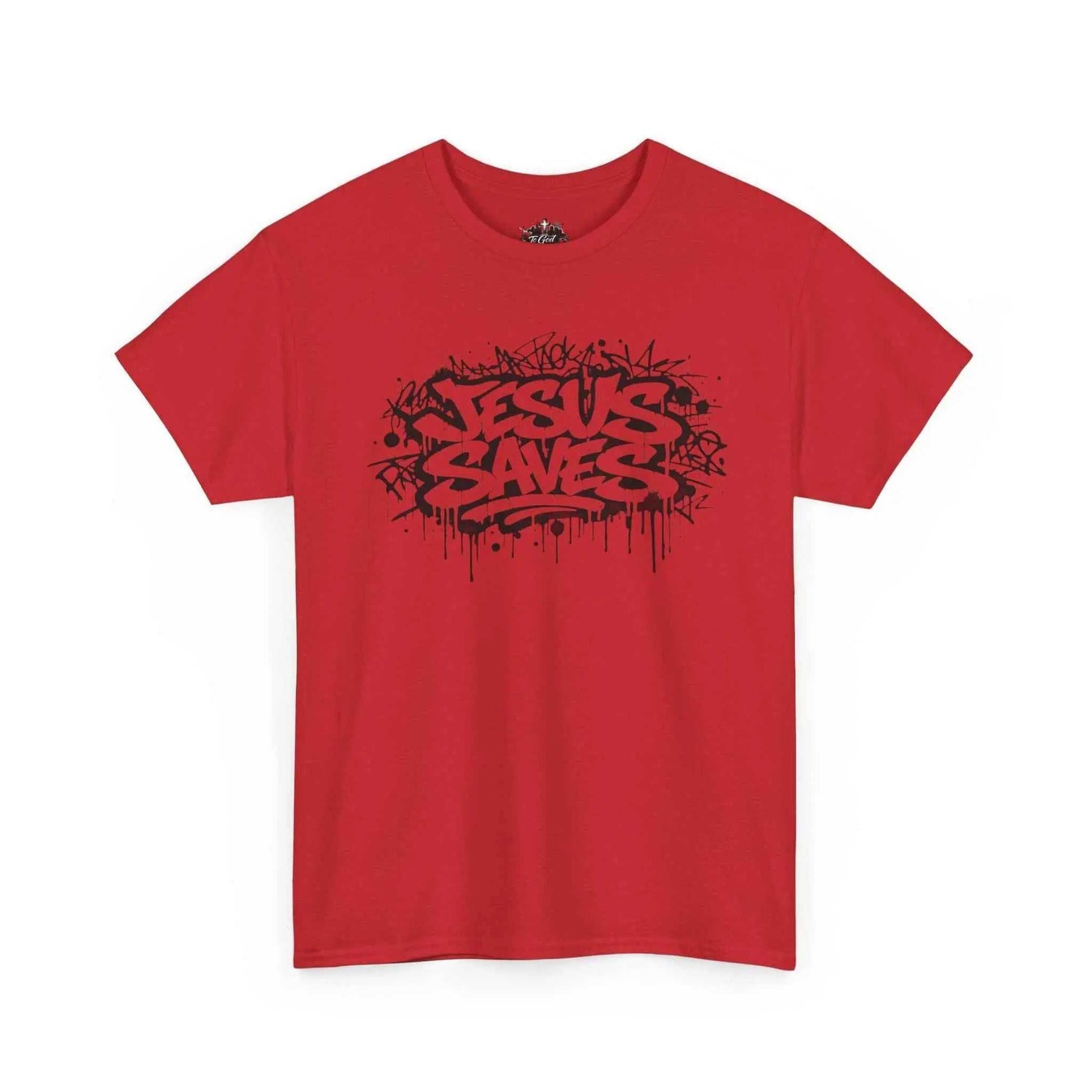 Jesus Saves Graffiti T-Shirt in red with black graffiti artwork, representing faith and urban style.