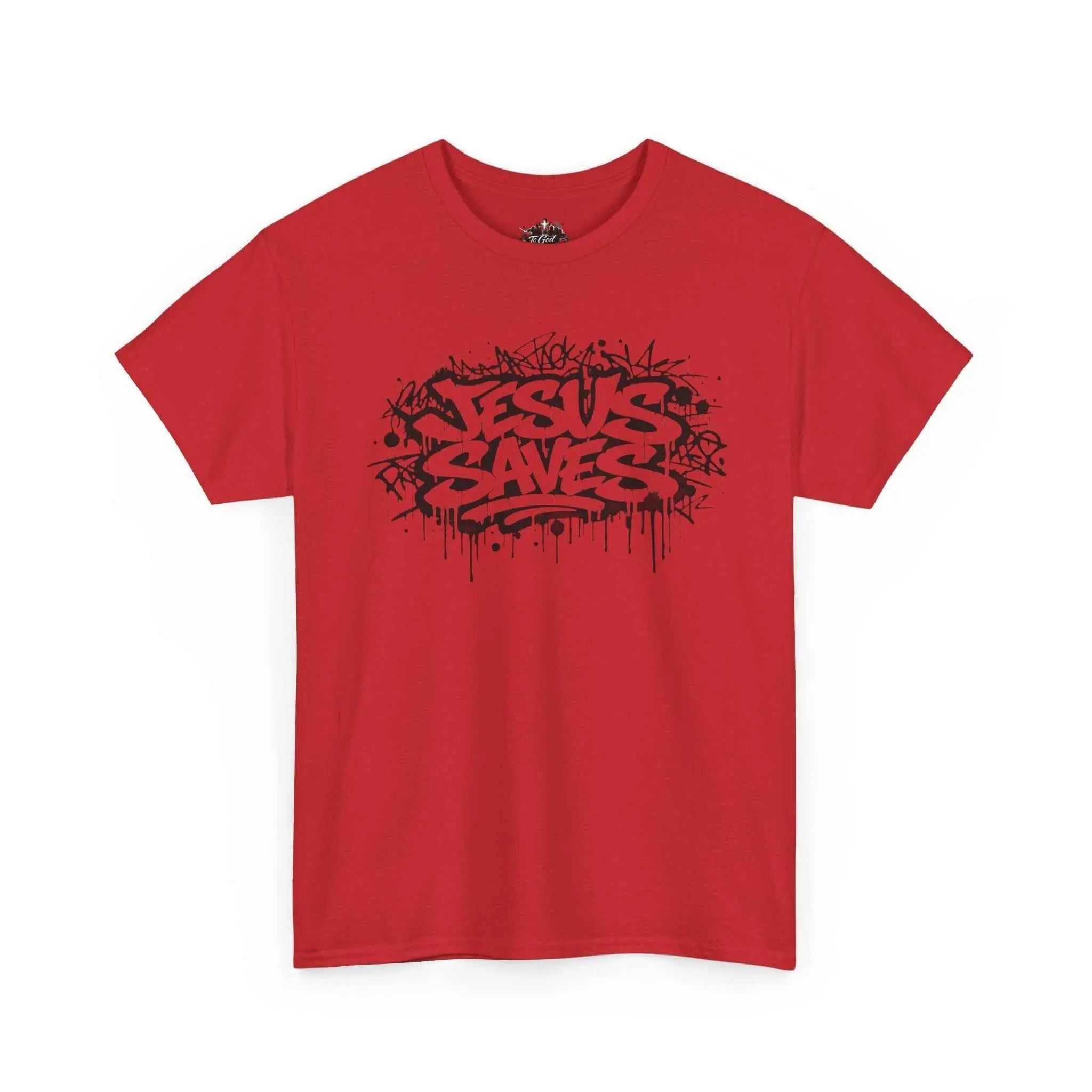 Jesus Saves Graffiti T-Shirt in red with black graffiti artwork, representing faith and urban style.
