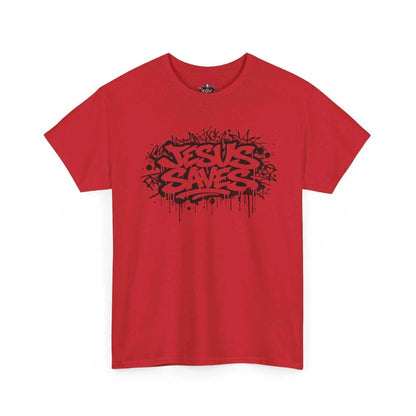 Jesus Saves Graffiti T-Shirt in red with black graffiti artwork, representing faith and urban style.