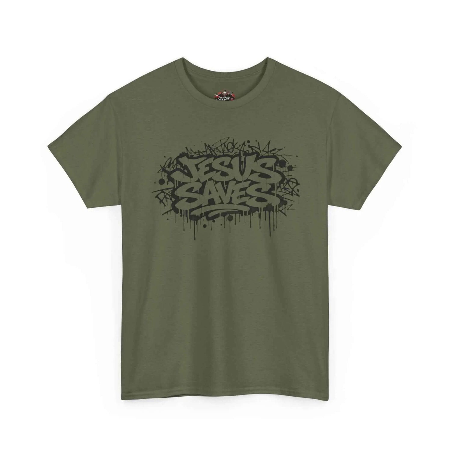 Jesus Saves Graffiti T-Shirt featuring bold black graffiti design on olive green fabric.