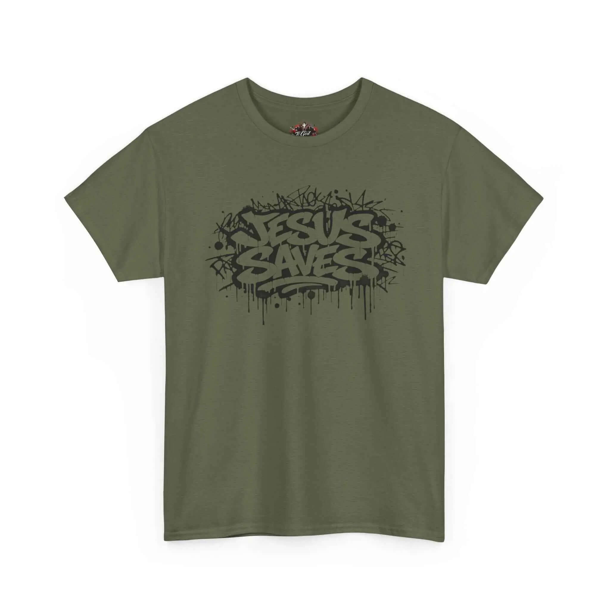 Jesus Saves Graffiti T-Shirt featuring bold black graffiti design on olive green fabric.