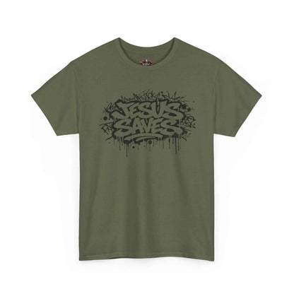Jesus Saves Graffiti T-Shirt featuring bold black graffiti design on olive green fabric.