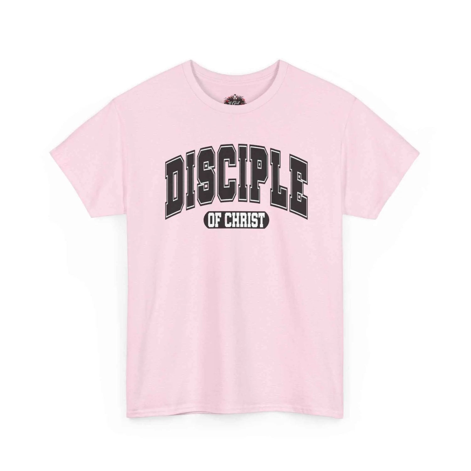 Disciple of Christ Tee — Christian Faith Inspirational T-Shirt displayed on a pink cotton t-shirt.