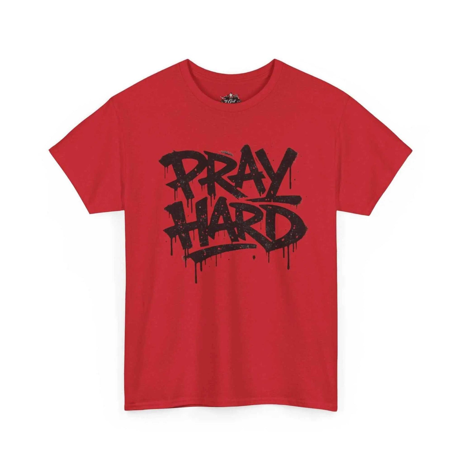 Pray Hard Tee — Urban Streetwear Christian Graphic T-Shirt in vibrant red featuring bold graffiti-style lettering.
